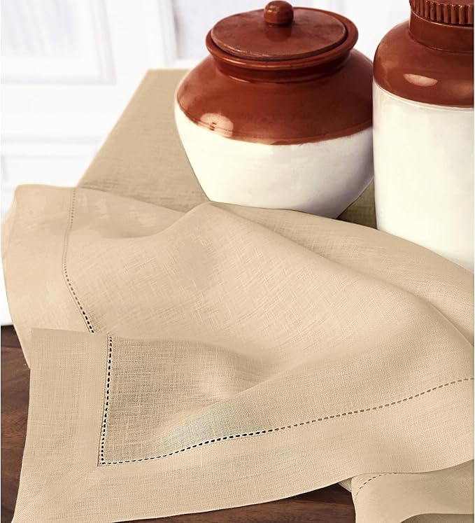 Solino Home Linen Tablecloth for Rectangle Tables 60 x 108 Inch - Classic Hemstitch 100% Pure Linen Beige Table Cloth - Machine Washable Cloth Tablecloth for Spring, Easter