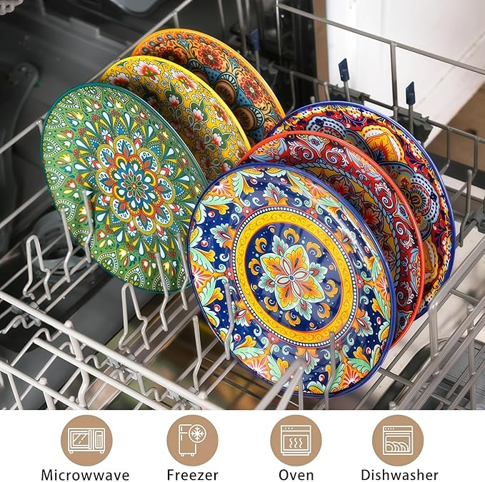 6piece Bohemian ceramic plates 8inch pasta plates spacious, suitable for microwave oven and dishwasher perfect for holiday parties and family gatherings