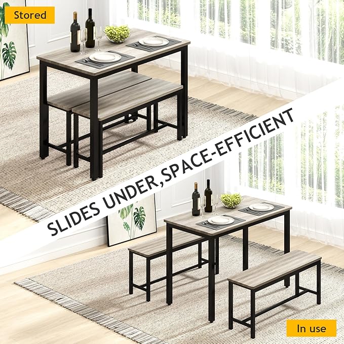 Rovibek Dining Room Table Chairs Set for 4, Modern Space Saving Kitchen Table with 2 Benches & Adjustable Feet Breakfast Table, Farmhouse Wooden Industrial Style, 43", Grey
