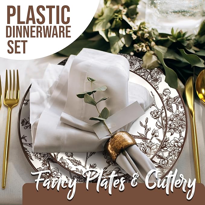 Trendables Fancy Plastic Dinnerware Sets 200 Pc Set 40 Guests Gold Silverware Disposable 40 X 10 Inch Charger Plates 40 X 8 Inch Dessert Plates 40 x Gold Plastic Forks and Spoons Knives In Rustik