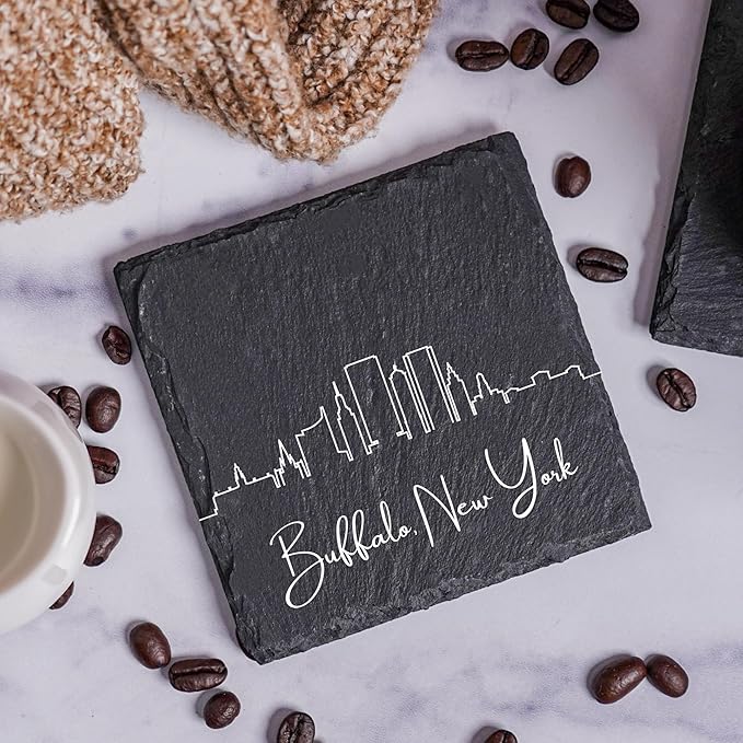 Blue Ridge Mountain Gifts - Buffalo NY Skyline Coasters, Set of 4 - Buffalo New York Souvenir, Slate Coasters with Minimalist Skyline, Housewarming Gift for Friends, Family, & Neighbors