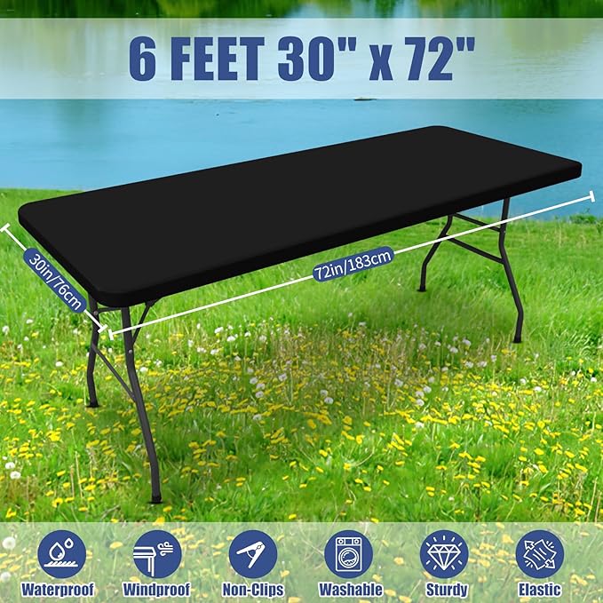 Spandex 6 Foot Rectangle Table Cloth 2 Pack, Elastic Fitted Tablecloths for Picnic, Stretch Washable Patio Table Cover for Outdoor, Camping, Banquet and Parties (Black, 30"x72")