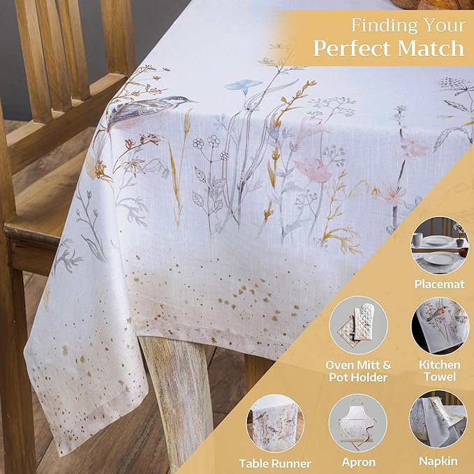 Maison d' Hermine Table Cloth Square Table 100% Cotton 60 x 60 Inches Tablecloth Reusable Decorative for Dining Room Farmhouse Home Valentines Day Decorations Spring Summer - Meadow Florals - Beige