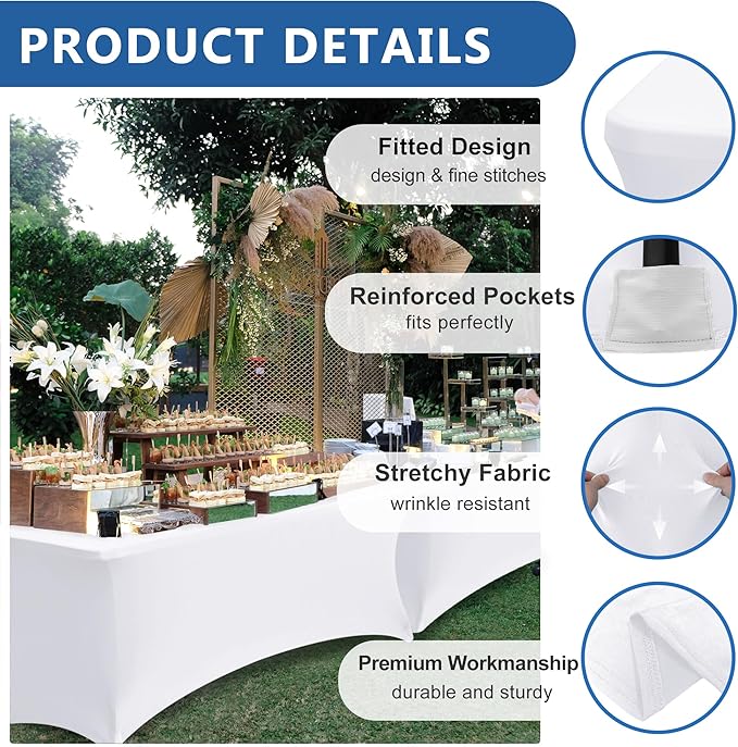 Table Cover for 6 foot Rectangle Tables-8 Pack White Fitted Stretch Tablecloth-Elastic Spandex 6ft Folding Tablecloths for Party, Vendor Booth Display, Banquet Buffet Event, Craft Trade Show