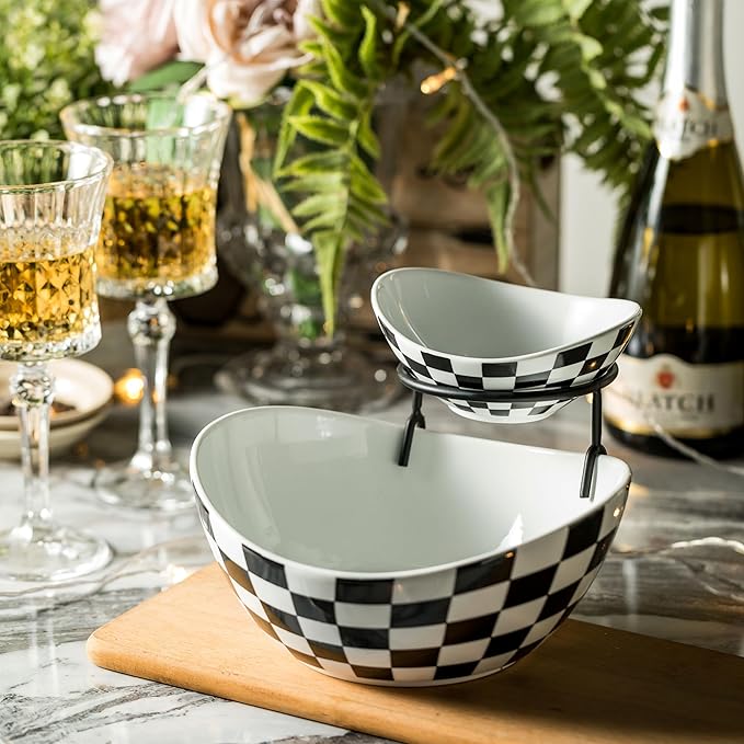 Tiered Serving Bowls Chip and Dip Serving Set with Stand, Ceramic Appetizer Serving Dishes Platters and Trays for Parties Entertaining - Checkered Kitchen Decor