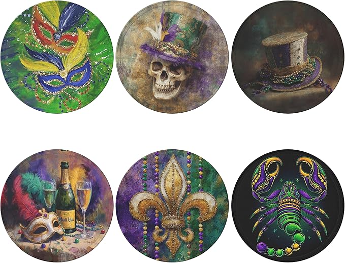 Mardi Gras Coasters Leather Round Drink Coasters 6 Pcs Set with Holderor for Cup Drink Coffee Table Bar Home Decor