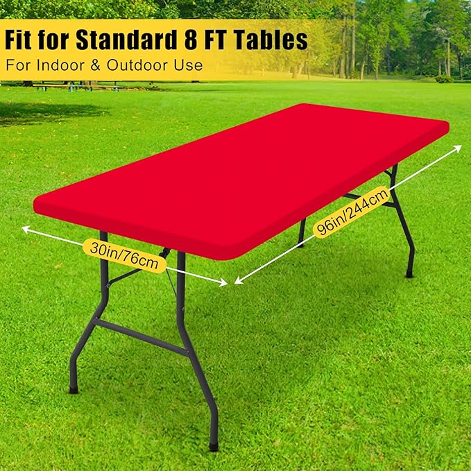 Smiry Rectangle Tablecloth, Elastic Fitted Flannel Backed Vinyl Tablecloths for 8ft Folding Tables, Waterproof Wipeable Table Covers for Indoor, Outdoor, Picnic and Camping (Red, 30"x96")