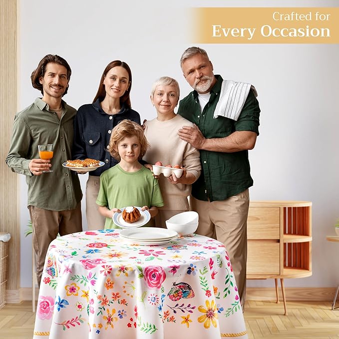 Maison d' Hermine Table Cloth Round Table 100% Cotton 63 Round Inches Tablecloth Reusable Decorative for Dining Room Farmhouse Home Valentines Day Decorations Spring Summer - Happy Florals - Sweety