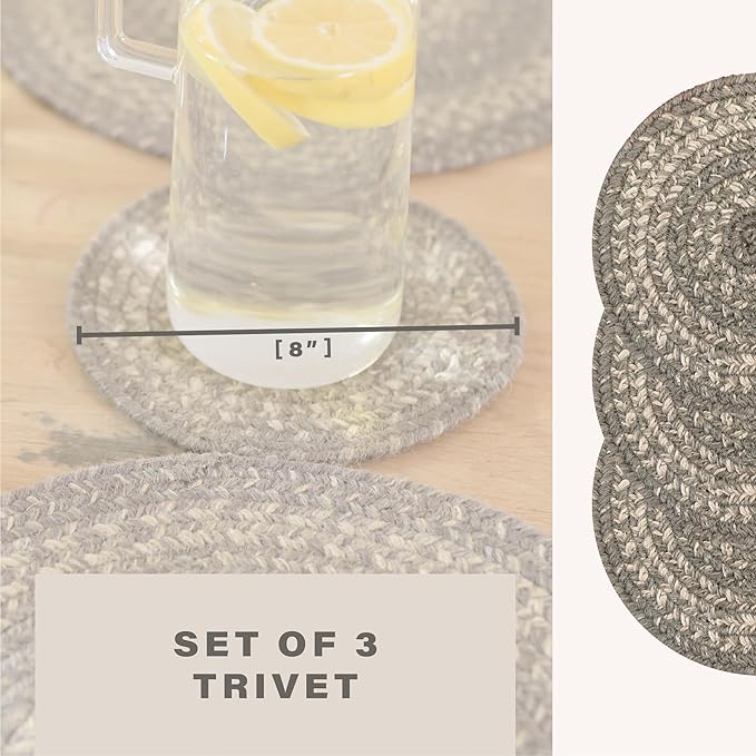 Homespice Grey Cloud Jute Braided Trivets for Table, Warm Farmhouse Decor, Set of 3, Grey 8" Round Heat Resistant Mat - Rich Colors, Easy to Clean, Durable and Protects Furniture