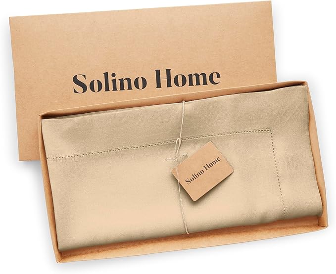 Solino Home Linen Square Tablecloth 52 x 52 Inch - 100% Pure Linen Beige Table Throw - Classic Hemstitch, Machine Washable Table Cloth for Spring, Easter
