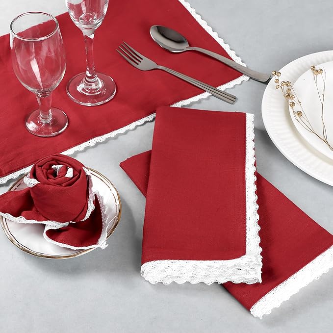 FINGERCRAFT Dinner Cloth Napkin Cotton Blend 12 Pack Vintage Rustic Premium Quality Mitered Corners Napkin Cloth with Elegant Lace for Everyday Use, Pre Shrunk and Good Absorbency 20x20 in Tango Red