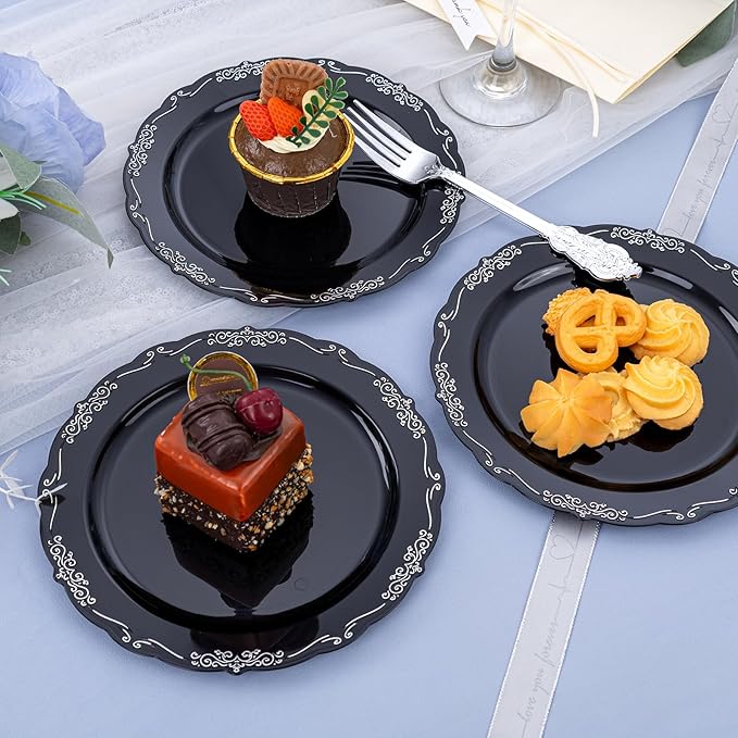 DaYammi 60PCS Black and Silver Plastic Plates, Heavy Duty Black and Silver Disposable Plates Premium 7.5 inch Dessert Cake Salad Appetizer Plate Hard Plastic Plate Disposable for Party Wedding