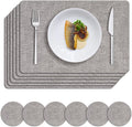 MOSAYT Faux Leather Placemats Set of 6, Heat Resistant Wipeable Washable Vinyl Place Mats with Coasters, Waterproof Oil Proof Table Mats for Kitchen Dining Party Outdoor, 12" x 17", Light Grey