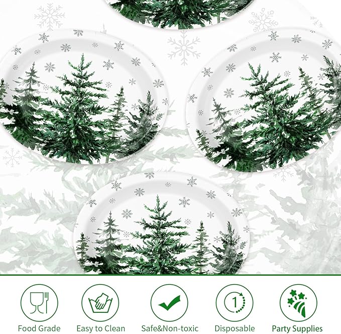 50Pcs Christmas Tree Oval Paper Plates 10" x 12" Large Heavy Duty Xmas Snowflake Disposable Plates Holiday Dessert Platters for Winter Wedding Birthday Dinner Party Decoration Kitchen Table Decor
