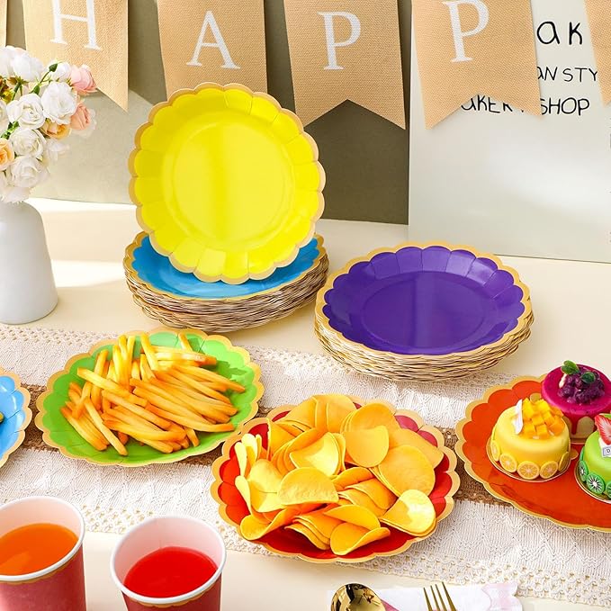 96 Pcs Rainbow Paper Plates 9 Inch Gradient Scalloped Paper Plates Disposable Dinner Dessert for Birthday Wedding Bridal Party Supplies, 6 Colors