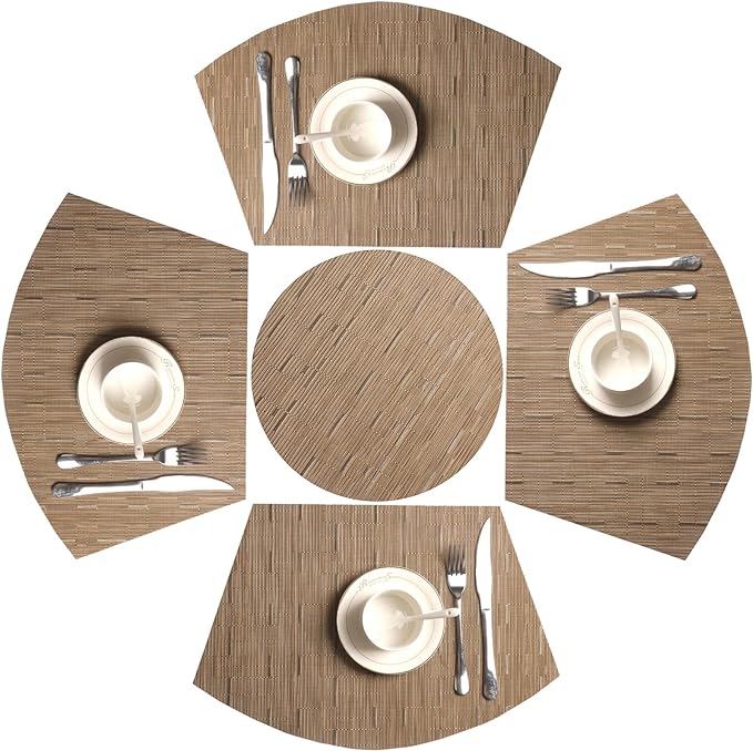 SHACOS Small Round Table Placemats Set of 5 Woven Vinyl Wedge Placemats with Centerpiece Round Table Mats Heat Resistant Wipe Clean (5, Tan)