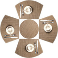 SHACOS Small Round Table Placemats Set of 5 Woven Vinyl Wedge Placemats with Centerpiece Round Table Mats Heat Resistant Wipe Clean (5, Tan)