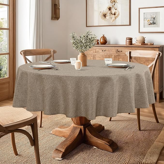 JIUZHEN Round Table Cloth Faux Linen Farmhouse Tablecloth Wrinkle & Stain Resistant Table Cover for Kitchen Dining, Holiday Party Dinner, Khaki, 60 Inch Round
