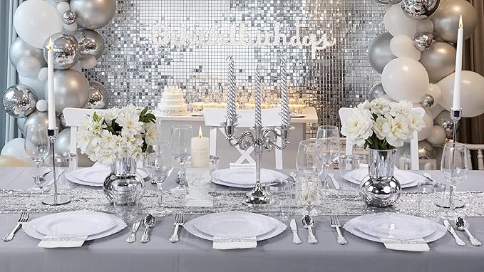 Nervure 100PCS White and Silver Plastic Plates - 10.25Inch Silver Disposable Plates - Heavyweight Dinner Plates for Wedding & Party