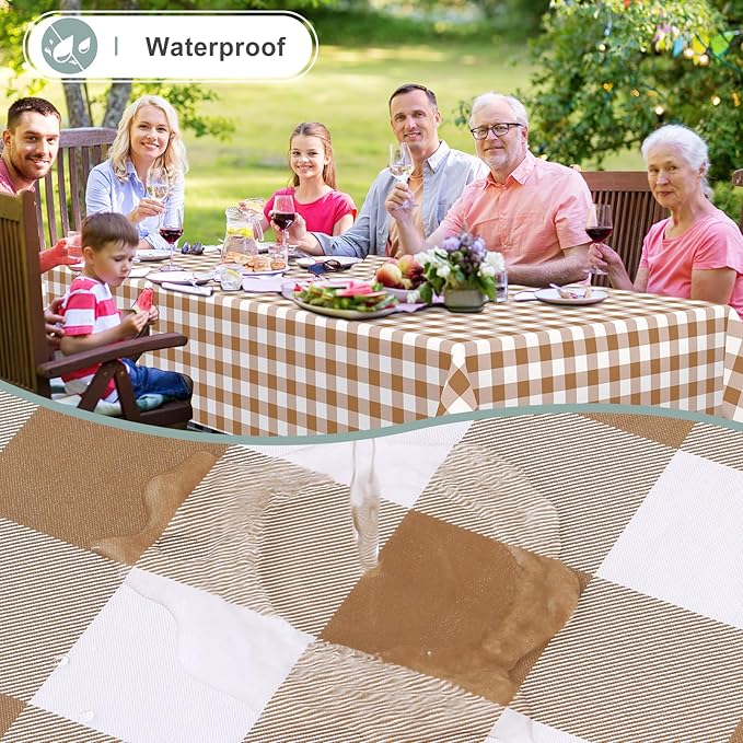 misaya Rectangle Waterproof Vinyl Table Cloth, Buffalo Flannel Backed Tablecloth, Wipeable Plastic Table Cover for Dinner, Kitchen, Outdoor (52" x 70", Brown and White)