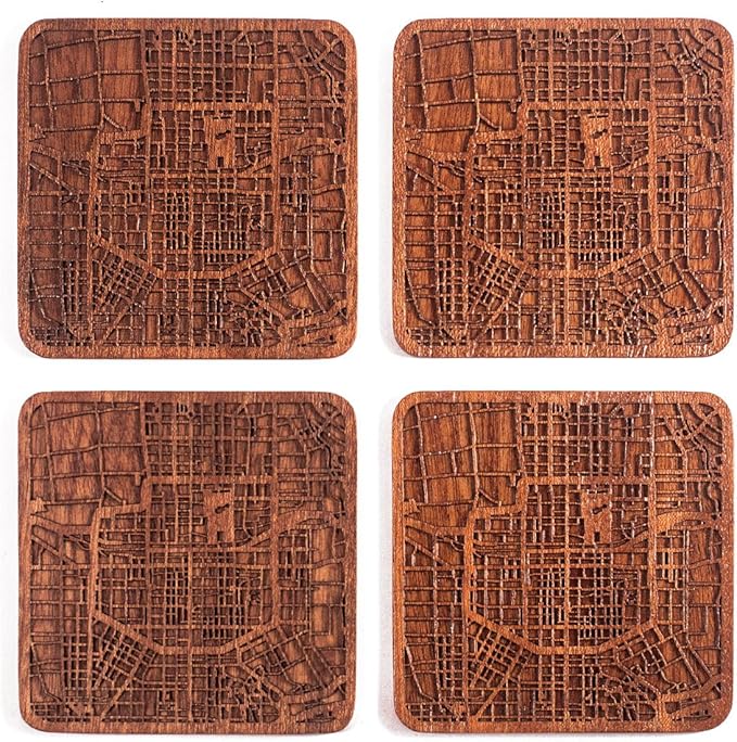 Xi'an Map Coaster by O3 Design Studio, Set of 4, Sapele Wooden Coaster with city map, Multiple city optional, Handmade