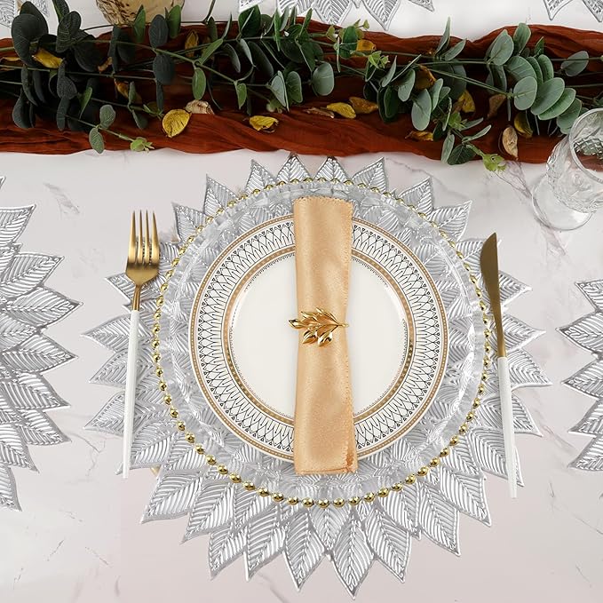 Placemats Set of 6, Round Hollow Out Flowers Place Mats for Dining Table Pressed Vinyl Blooming Leaf Table Mats for Holiday Party Wedding Accent Centerpiece Dinner Table Decoration (Silver)