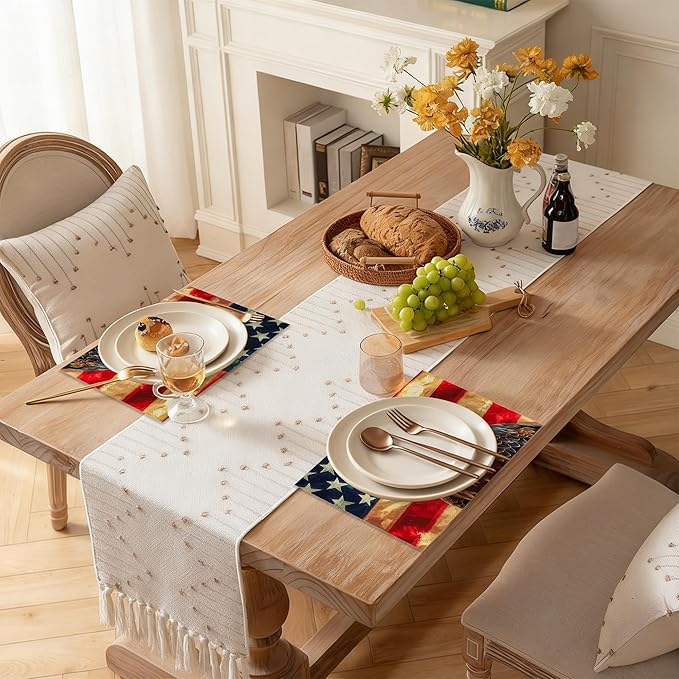 American Flag Placemats Set of 6, Linen Washable for Christmas, Thanksgiving, Party, and Daily Dining, Retro Eagle Decorative Table Mats for 4-6 Person Table