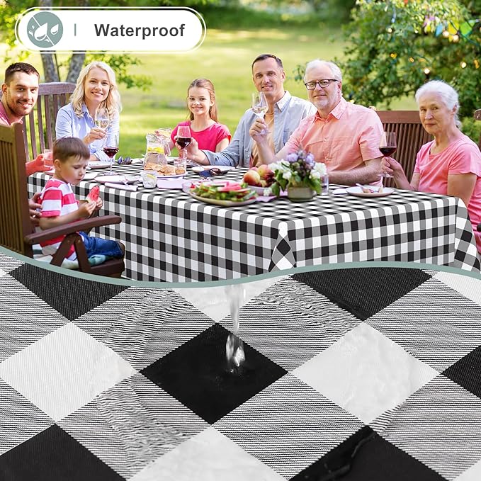misaya Rectangle Waterproof Vinyl Table Cloth, Buffalo Flannel Backed Tablecloth, Wipeable Plastic Table Cover for Dinner, Kitchen, Outdoor (52" x 70", Black and White)