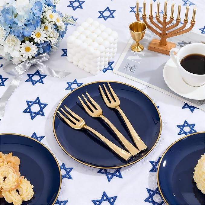 Festiva 400Pcs Navy Blue Gold Dessert Plates 6.3" with Forks 5"- 200PCS Small Disposable Dessert/Cake/Appetizer Plates and 200PCS Forks - Serve 200 Guests for Hanukkah Party&Birthday &New Year