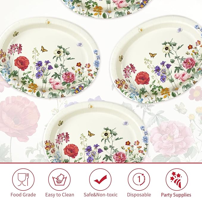 50Pcs Wild Flower Oval Paper Plates 10" x 12" Large Heavy Duty Disposable Fall Vintage Wildflower Platters Autumn Watercolor Floral Dessert Plates for Thanksgiving Dinner Birthday BBQ Party Supplies