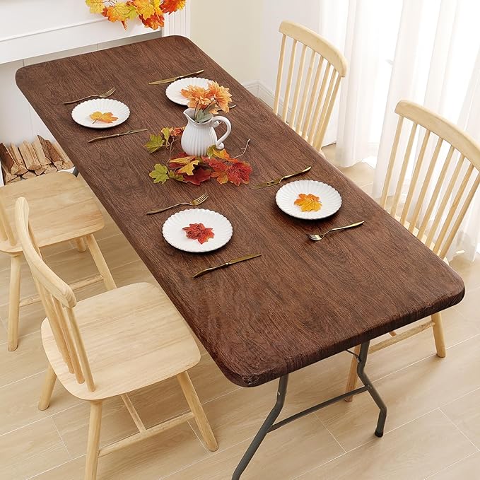 Smiry Rectangle Table Cloth Cover, Waterproof Elastic Fitted Picnic Tablecloth for 5 Foot Tables, Wipeable Flannel Backed Vinyl Tablecloths for Camping, Dining, Outdoor (Brown, 30" x 60")