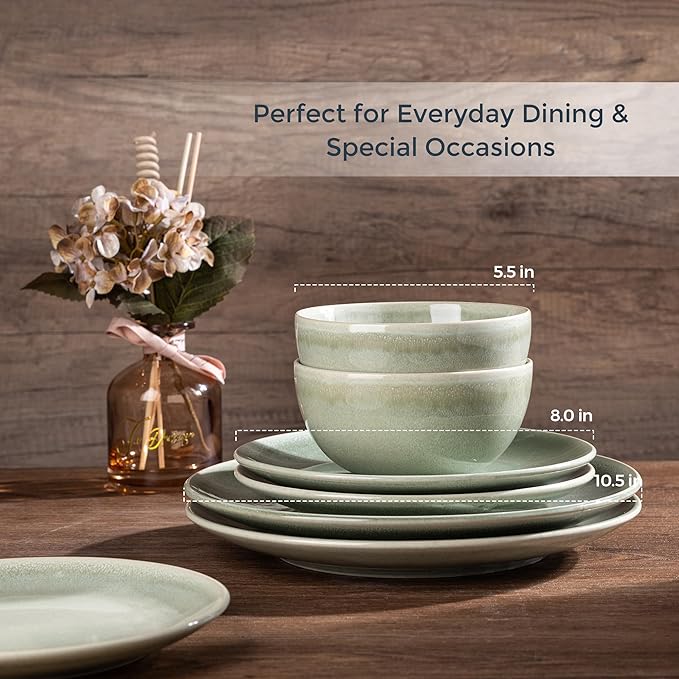 AmorArc Ceramic Dinnerware Sets for 6, 18 Pieces Handpainted Plates and Bowls Set, Scratch Resistant Stoneware Dishes Set, Dishwasher & Microwave Safe, Olive Green