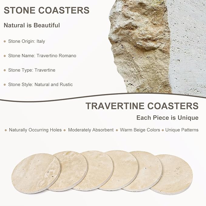 Italian Travertine Coasters Set of 6, Farmhouse Rustic Neutral Style Marble Drink Coasters for Coffee Table Decor, 4 Inch Round Porous Natural Stone Absorbent Coaster, Housewarming Gift