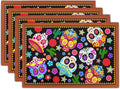 Mexican Placemats Set of 4 - Colorful Floral Skull Table Place Mats 12x18 for Indoor Outdoor Kitchen Dining Table