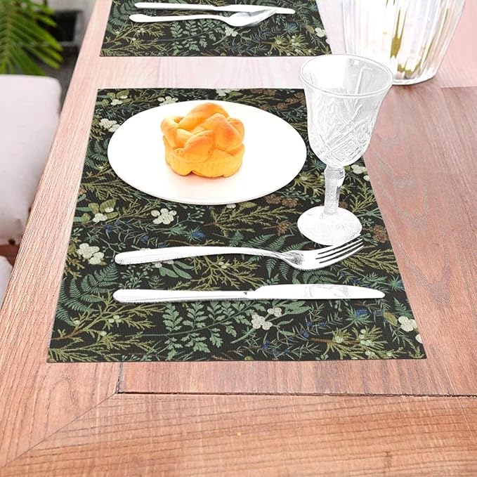 Botanical Print Floral Placemats Set of 6 Black Sage Green Spring Flower Plant Wipeable Table Mats Reusable Washable PVC Rectangle Place Mats for Kitchen Dining Home Decor 12x18 Inches
