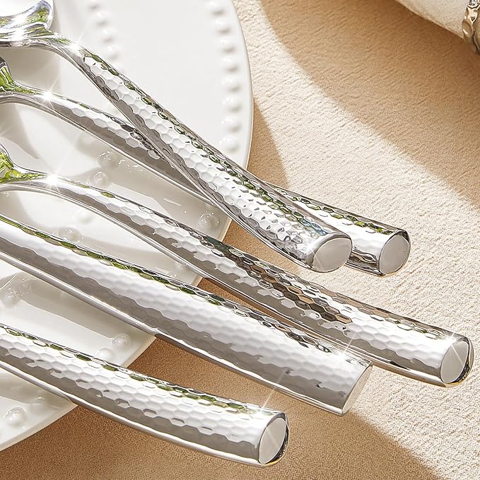 Kingstone Hammered Silverware Set, 40-Piece Flatware Set for 8, 18/10 Stainless Steel Heavy Duty Cutlery Set, Mirror Polished Utensil Sets for Home, Restaurant, wedding, Dishwasher Safe