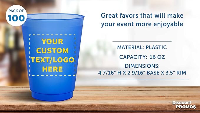 DISCOUNT PROMOS Custom Frosted Plastic Stadium Cups, 100 pack, Promotional Text, Logo, 16 oz. Shatterproof Flexible Reusable Party Cups, Blue