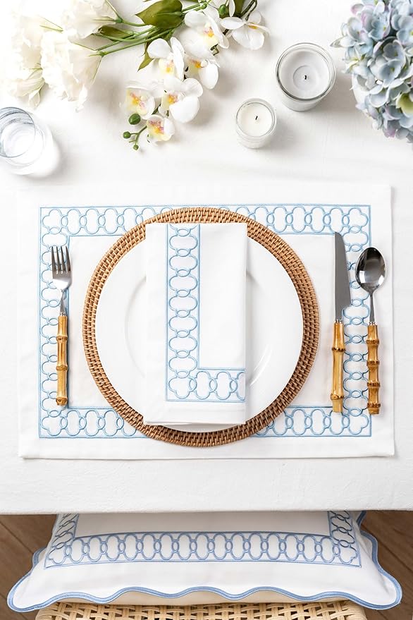 Hofdeco Premium Coastal Patio Indoor Outdoor Placemat Set of 4, 14"x19" Double-Layered, Waterproof Cloth Placemat for Kitchen or Dining Table. Baby Blue Embroidered Frame