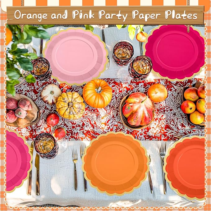 48 Pcs Pink and Orange Paper Plates 9 Inch Scalloped Paper Plates Disposable Dinner Dessert for Birthday Wedding Bridal Party Supplies, 6 Colors