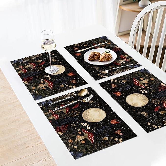 Mushroom Botanical Placemats Set of 4, Mushroom Plants Leaves Butterfly Place Mats, Moon Waterproof Washable Table Mats for Home Party Indoor Kitchen Dining Table Decoration 12x18 Inch