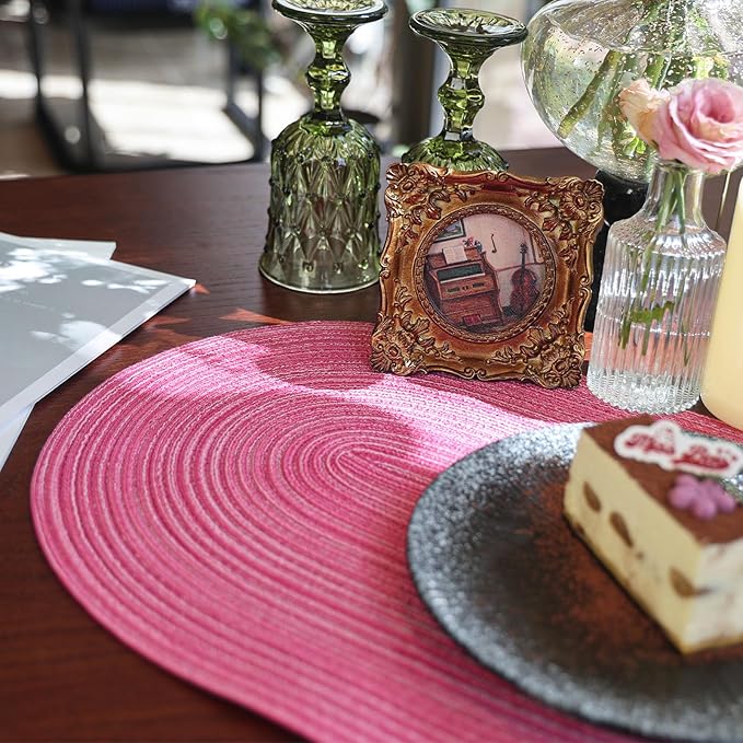 Noctiflorous Oval Braided Placemats Set of 8 Woven 12x18 Inch Non Slip Washable Heat Resistant Place Mats Tablemats for Dining Kitchen Party Daily Table Decor Dinner Mats (Hot Pink, 8)