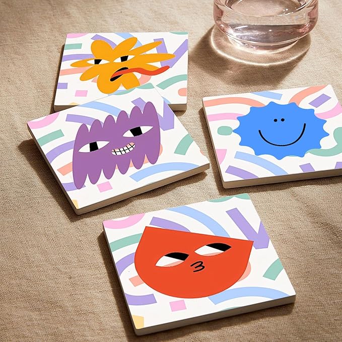 MAYCARI Cartoon Funny Grimace Face Coasters Set of 6 Cork Backed Cute Coasters with Metal Holder Original Ceramic Surface Drink Cup Mats for Tabletop Protection Modern Desk Decoration Birthday Gifts