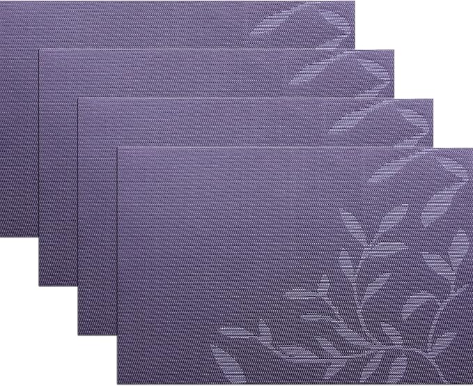 Leaf Placemats Set of 4 Non-Slip Heat-Resistant Vinyl Washable Place Mats for Kitchen Table Indoor Outdoor Durable (18"x12", Purple)