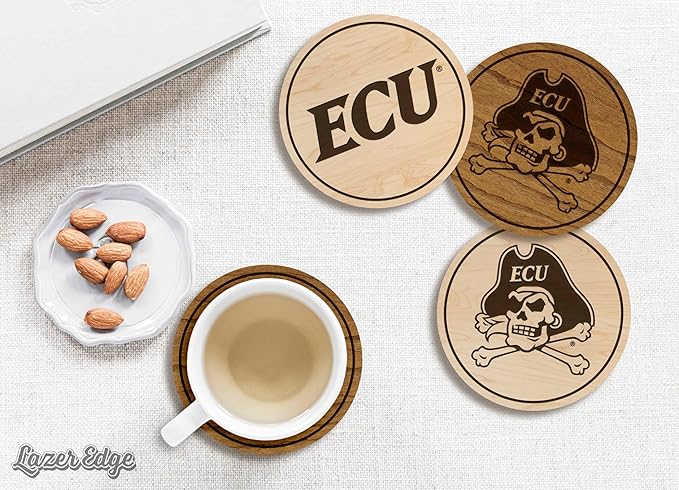 LazerEdge East Carolina Pirates Wooden Coaster Set - Cherry Wood - Officially Licensed Product - 4-Pack