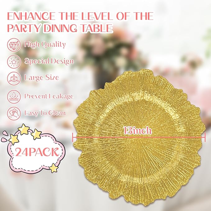 LIYH 24 Pcs Charger Plates 13'' Gold Charger Round Plates Reusable Chargers for Dinner Plate Great for Table Setting Wedding Party Decoration