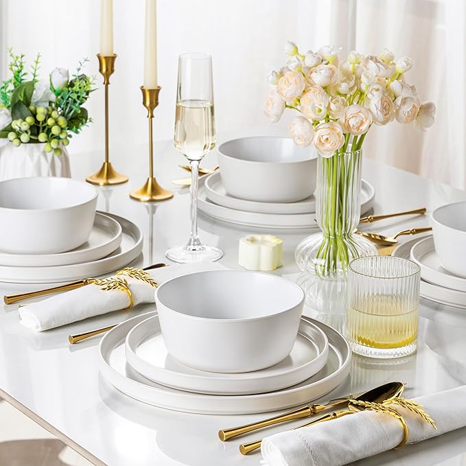 AmorArc Ceramic Dinnerware Sets for 4,Stoneware Plates and Bowls Sets,Chip and Crack Resistant | Dishwasher & Microwave Safe Ceramic Dishes,Service for 4 (12pc)-White