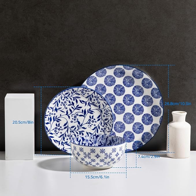 Sweejar 18 Pieces Ceramic Dinnerware Sets, Handmade Plates and Bowls Sets, Highly Scratch Resistant Dishes Set for Kitchen,Porcelain Dishwasher & Microwave Safe Dishes Set,Service for 6 (Vintage Blue)