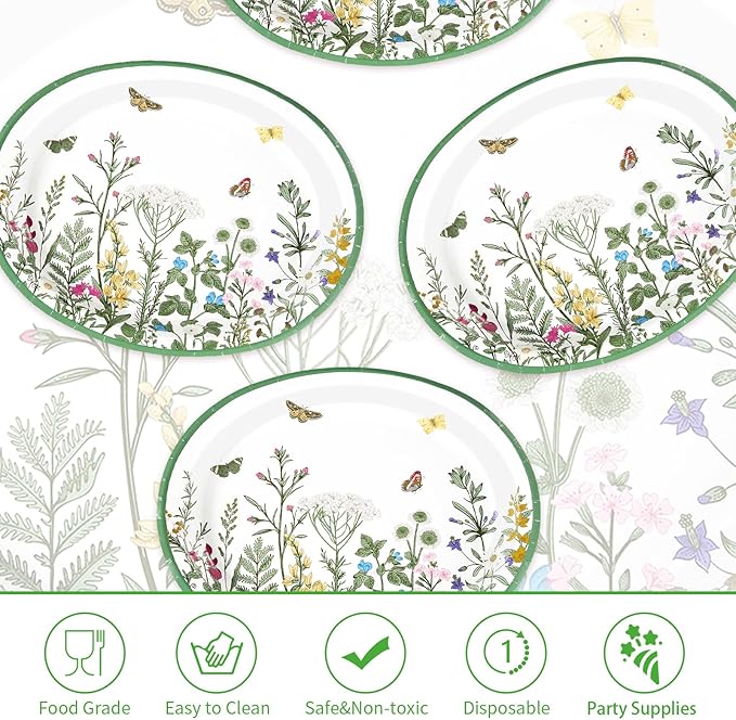 50Pcs Wildflower Oval Paper Plates 10" x 12" Large Disposable Heavy Duty Vintage Green Wildflower Platters Spring Butterfly Flowers Dessert Plates for Seasonal Lunch Dinner Tea Picnic Party Supplies