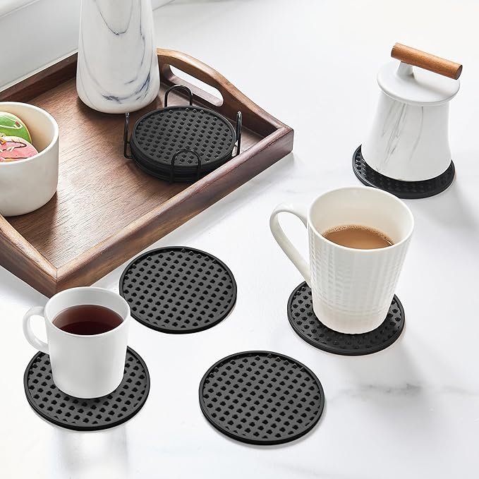 Coasters for Drinks, Silicone Coasters Set of 12 with ABS Holder, Outdoor Coaster for Coffee Table, Non-Slip Rubber Table Cup Mat Desk, Heat Resistant & Scratch-Proof (Black)
