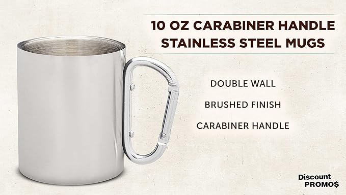DISCOUNT PROMOS Stainless Steel Mugs with Carabiner Handle 10 oz. Set of 10, Bulk Pack - Perfect for Coffee, Soda, Other Hot & Cold Beverages - Silver